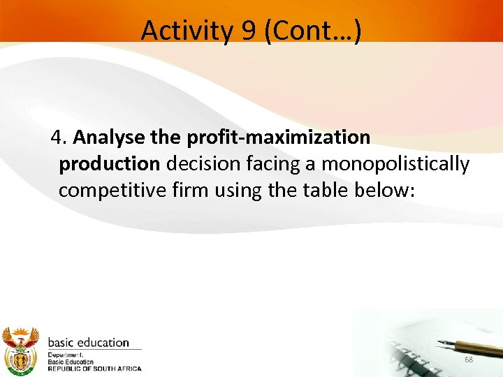 Activity 9 (Cont…) 4. Analyse the profit-maximization production decision facing a monopolistically competitive firm