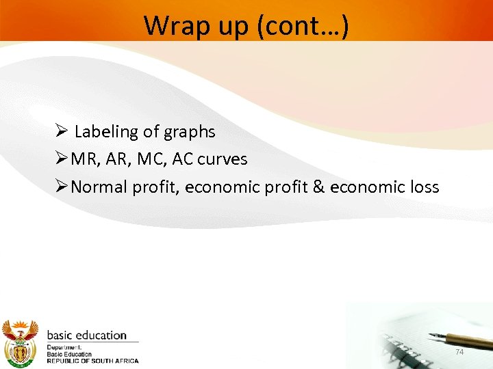 Wrap up (cont…) Ø Labeling of graphs ØMR, AR, MC, AC curves ØNormal profit,