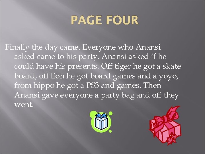 PAGE FOUR Finally the day came. Everyone who Anansi asked came to his party.