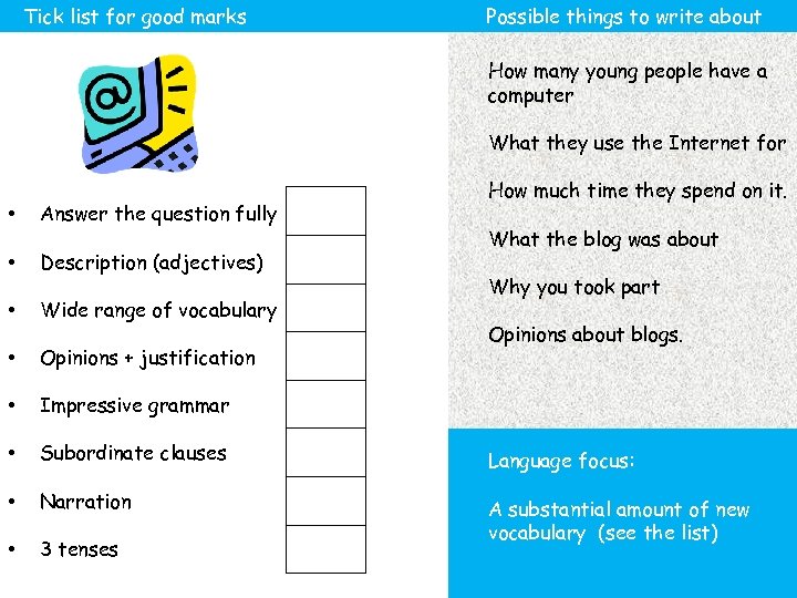 Tick list for good marks Possible things to write about How many young people