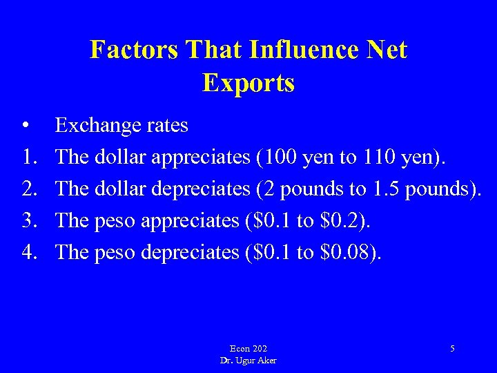 Factors That Influence Net Exports • 1. 2. 3. 4. Exchange rates The dollar
