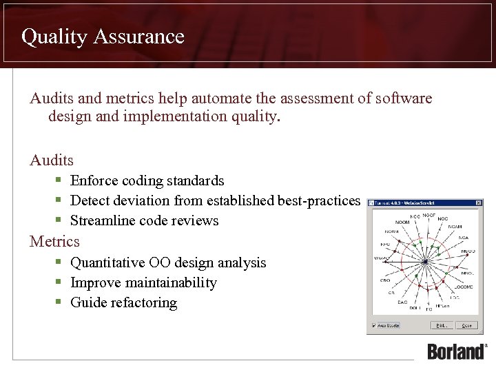 Quality Assurance Audits and metrics help automate the assessment of software design and implementation