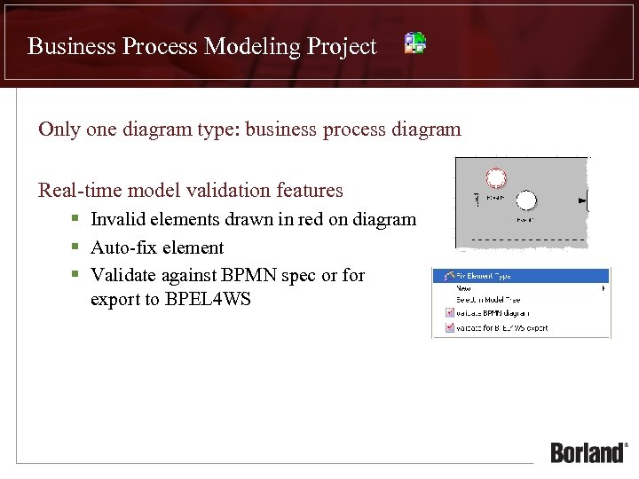 Business Process Modeling Project Only one diagram type: business process diagram Real-time model validation