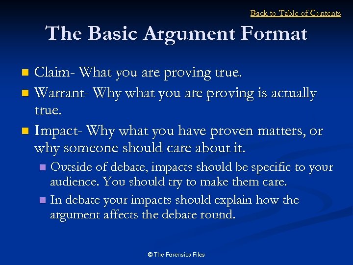 Back to Table of Contents The Basic Argument Format Claim- What you are proving
