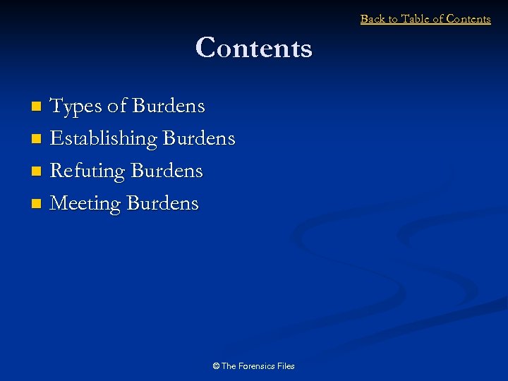 Back to Table of Contents Types of Burdens n Establishing Burdens n Refuting Burdens