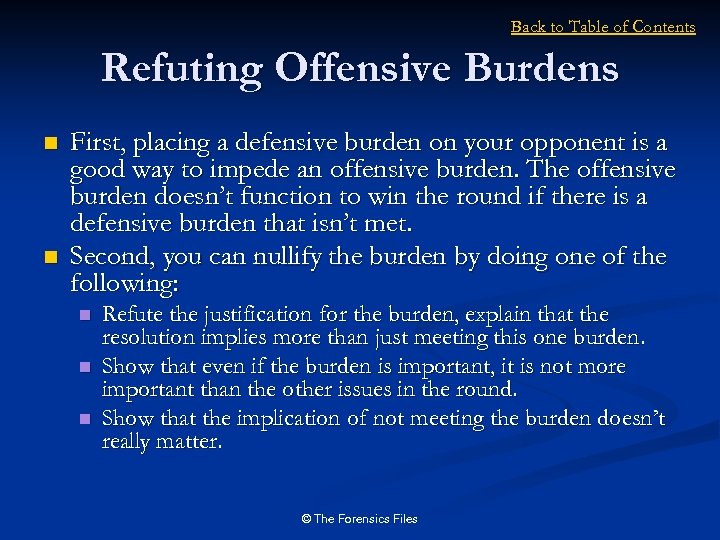 Back to Table of Contents Refuting Offensive Burdens n n First, placing a defensive