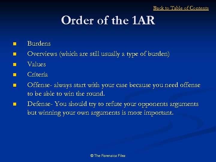 Back to Table of Contents Order of the 1 AR n n n Burdens
