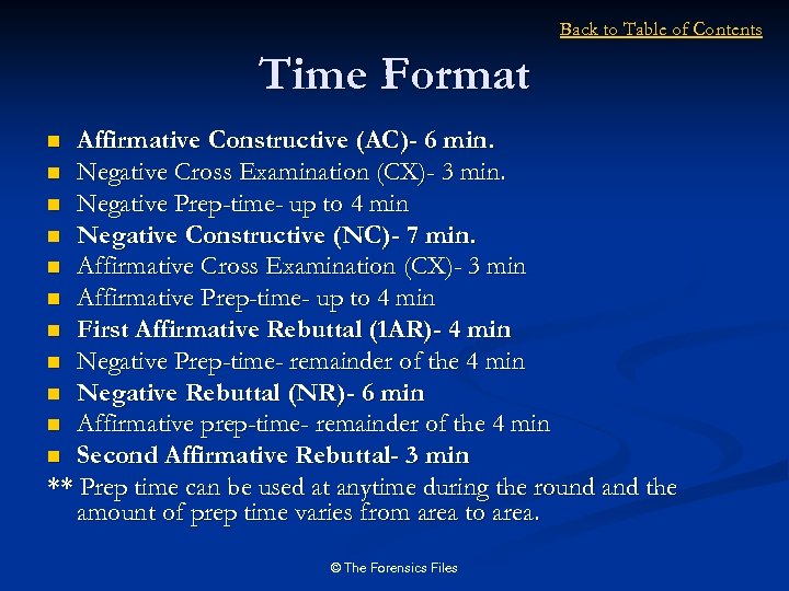 Back to Table of Contents Time Format Affirmative Constructive (AC)- 6 min. n Negative