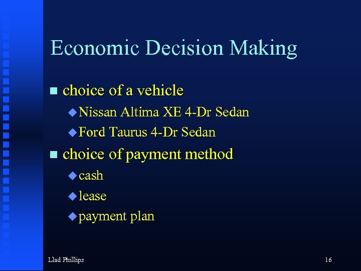 Economic Decision Making choice of a vehicle Nissan Altima XE 4 -Dr Sedan Ford