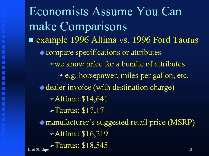 Economists Assume You Can make Comparisons example 1996 Altima vs. 1996 Ford Taurus compare