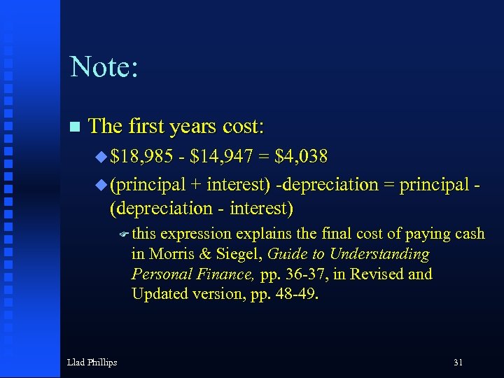 Note: The first years cost: $18, 985 - $14, 947 = $4, 038 (principal