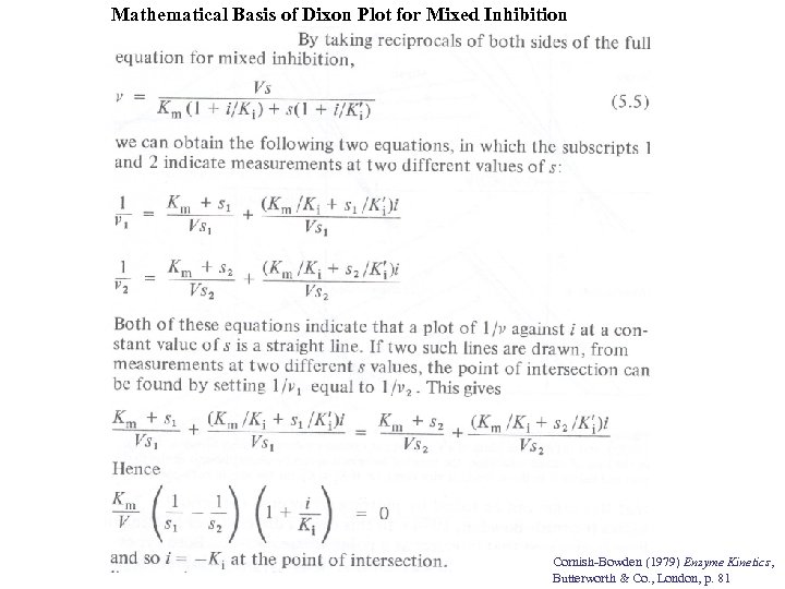 Mathematical Basis of Dixon Plot for Mixed Inhibition Cornish-Bowden (1979) Enzyme Kinetics, Butterworth &