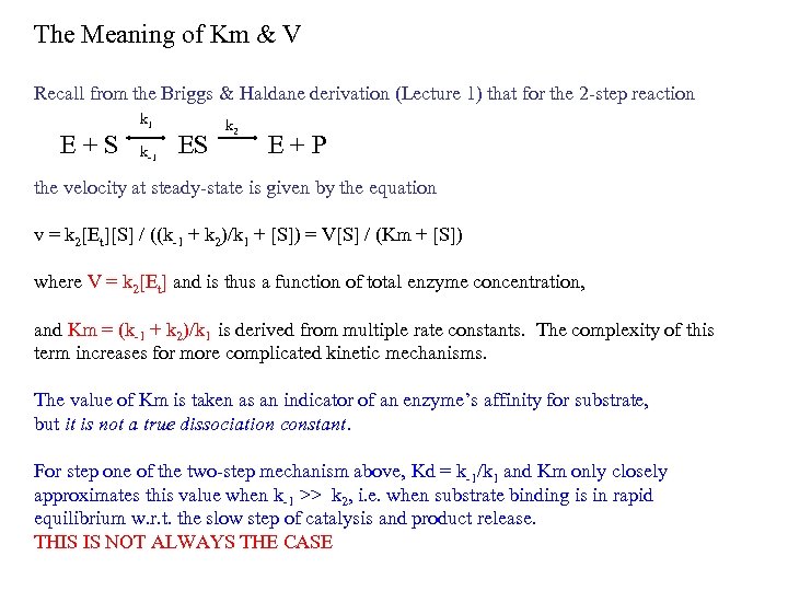 The Meaning of Km & V Recall from the Briggs & Haldane derivation (Lecture