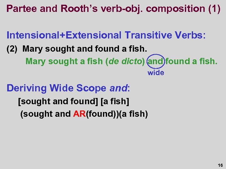 Partee and Rooth’s verb-obj. composition (1) Intensional+Extensional Transitive Verbs: (2) Mary sought and found