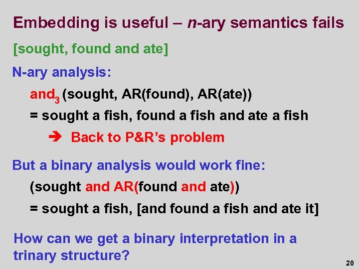 Embedding is useful – n-ary semantics fails [sought, found ate] N-ary analysis: and 3