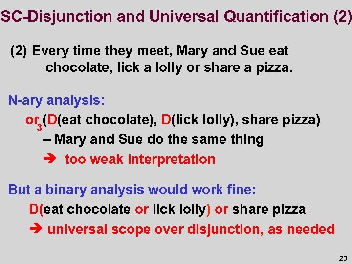 SC-Disjunction and Universal Quantification (2) Every time they meet, Mary and Sue eat chocolate,