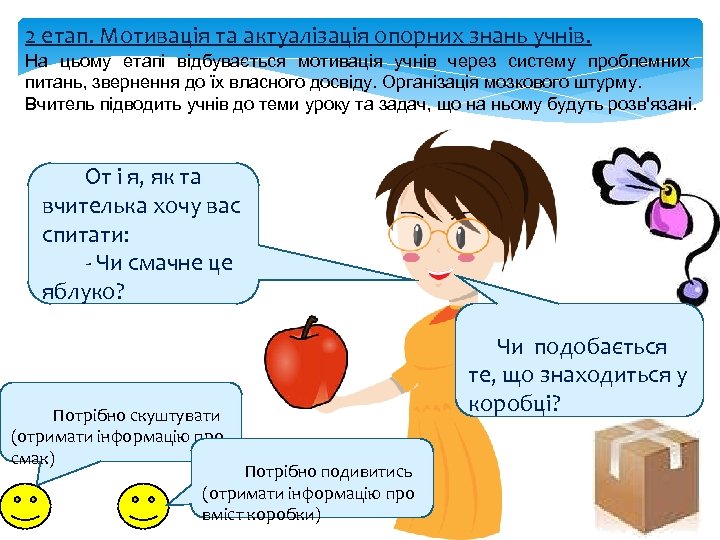 2 етап. Мотивація та актуалізація опорних знань учнів. На цьому етапі відбувається мотивація учнів