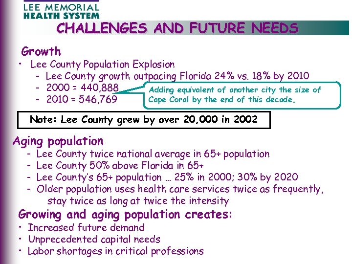 CHALLENGES AND FUTURE NEEDS Growth • Lee County Population Explosion - Lee County growth