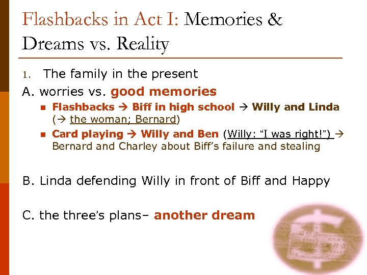 Flashbacks in Act I: Memories & Dreams vs. Reality The family in the present