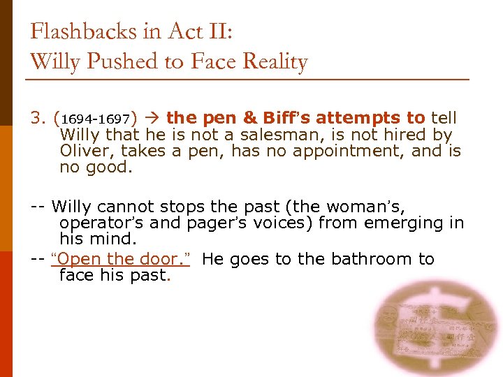 Flashbacks in Act II: Willy Pushed to Face Reality 3. (1694 -1697) the pen