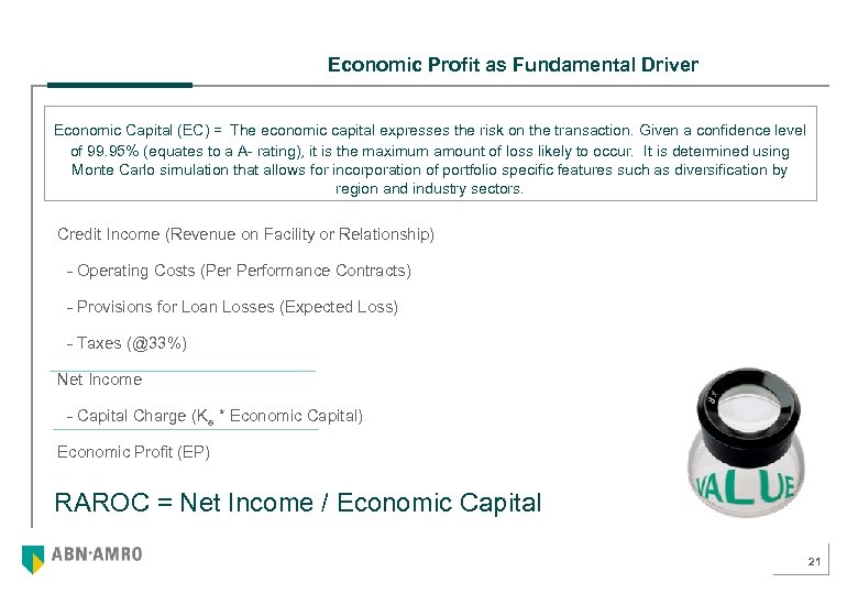 Economic Profit as Fundamental Driver Economic Capital (EC) = The economic capital expresses the