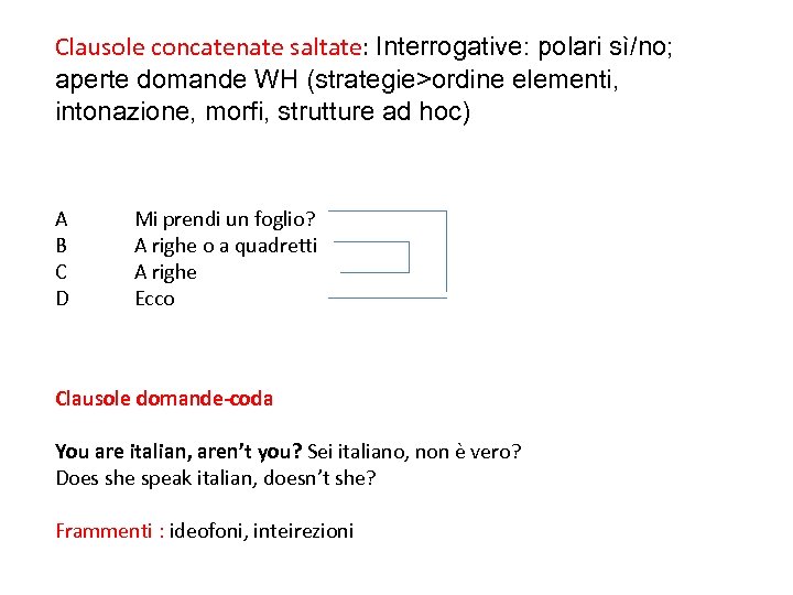 Clausole concatenate saltate: Interrogative: polari sì/no; aperte domande WH (strategie>ordine elementi, intonazione, morfi, strutture