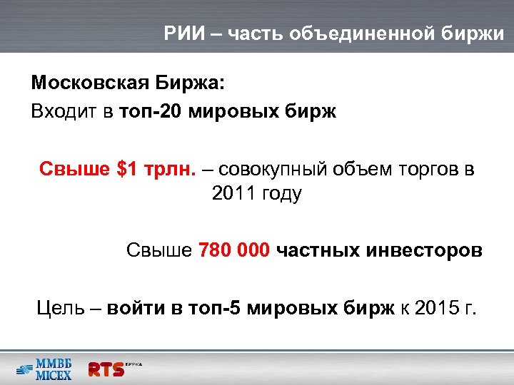 РИИ – часть объединенной биржи Московская Биржа: Входит в топ-20 мировых бирж Свыше $1