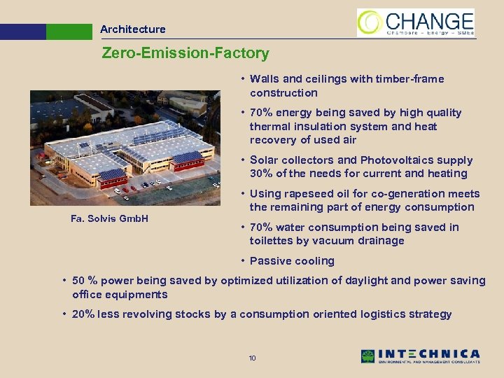 Architecture Zero-Emission-Factory • Walls and ceilings with timber-frame construction • 70% energy being saved