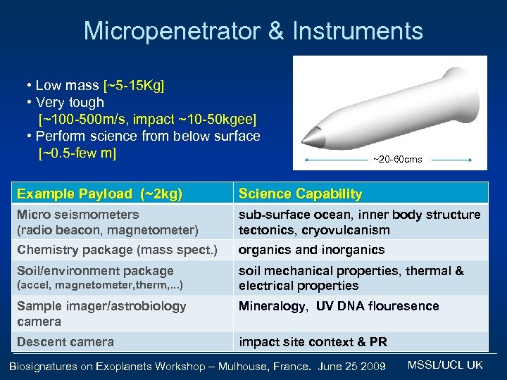 Micropenetrator & Instruments • Low mass [~5 -15 Kg] • Very tough [~100 -500