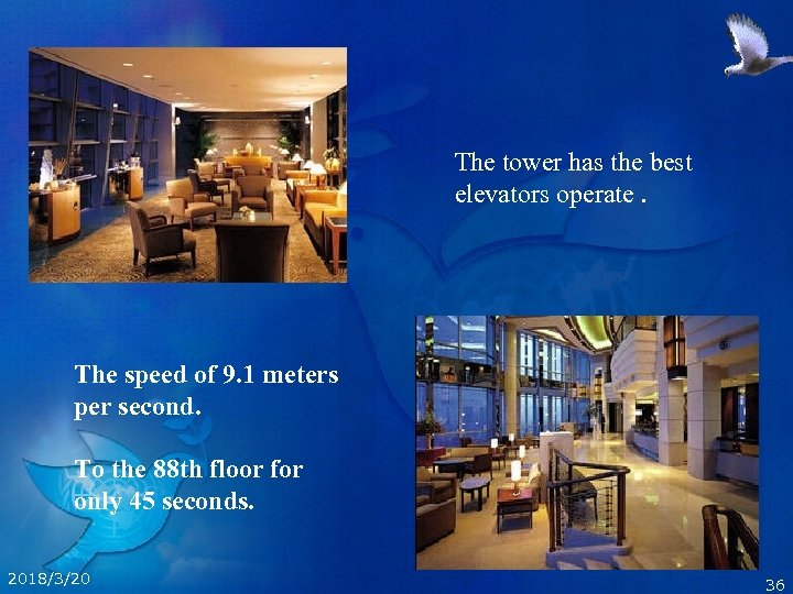 The tower has the best elevators operate. The speed of 9. 1 meters per