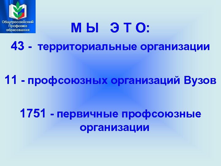 М Ы Э Т О: 43 - территориальные организации 11 - профсоюзных организаций Вузов