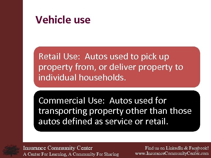 Vehicle use Retail Use: Autos used to pick up property from, or deliver property