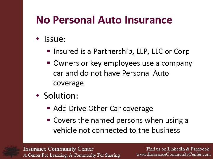 No Personal Auto Insurance • Issue: § Insured is a Partnership, LLP, LLC or
