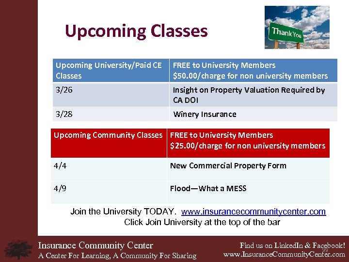 Upcoming Classes Upcoming University/Paid CE Classes FREE to University Members $50. 00/charge for non