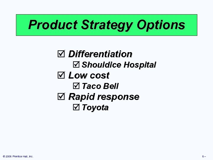 Product Strategy Options þ Differentiation þ Shouldice Hospital þ Low cost þ Taco Bell