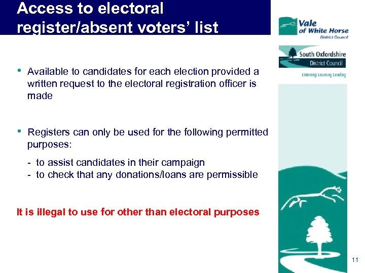 Access to electoral register/absent voters’ list • Available to candidates for each election provided