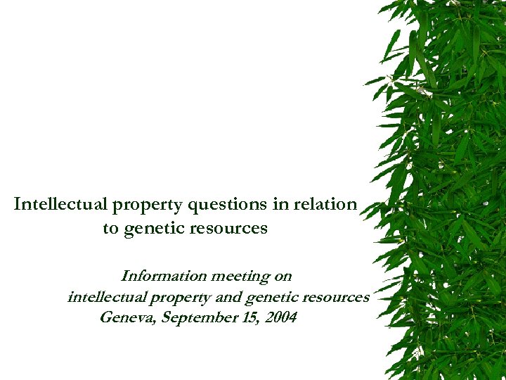 Intellectual property questions in relation to genetic resources Information meeting on intellectual property and