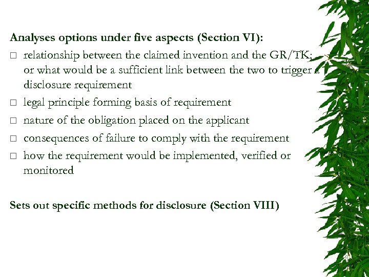 Analyses options under five aspects (Section VI): ¨ relationship between the claimed invention and