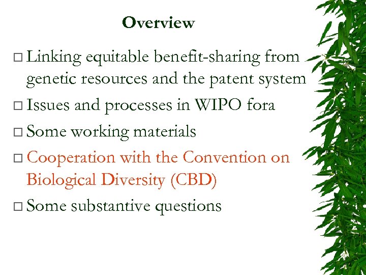Overview ¨ Linking equitable benefit-sharing from genetic resources and the patent system ¨ Issues
