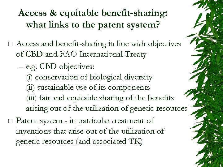 Access & equitable benefit-sharing: what links to the patent system? ¨ ¨ Access and