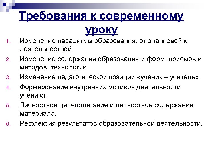 Требования к современному уроку 1. 2. 3. 4. 5. 6. Изменение парадигмы образования: от