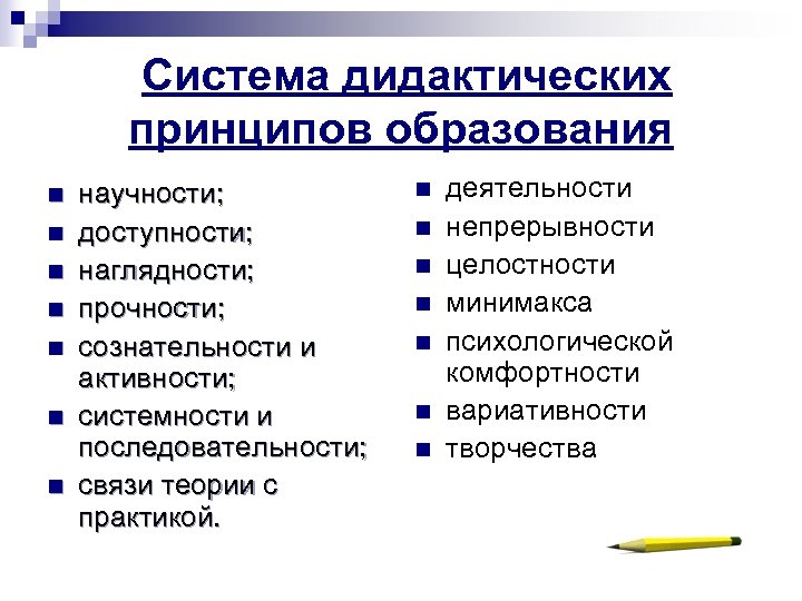  Система дидактических принципов образования n n n n научности; доступности; наглядности; прочности; сознательности