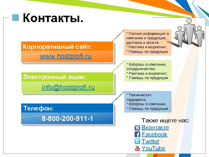 Контакты. Корпоративный сайт: www. hostprofi. ru Электронный ящик: info@hostprofi. ru Телефон: 8 -800 -200
