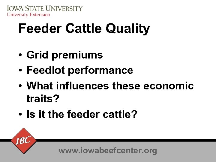 Feeder Cattle Quality • Grid premiums • Feedlot performance • What influences these economic