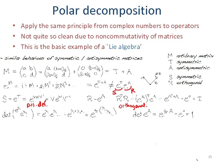 Polar decomposition • Apply the same principle from complex numbers to operators • Not