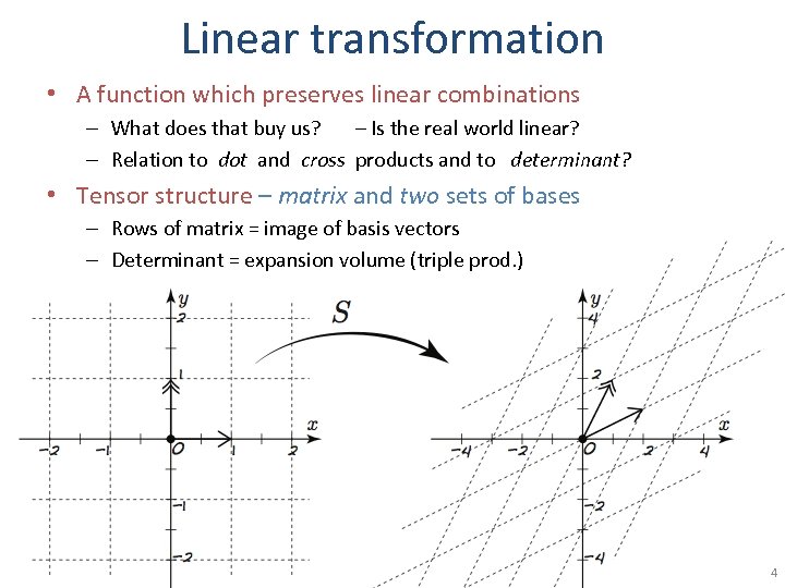 Linear transformation • A function which preserves linear combinations – What does that buy