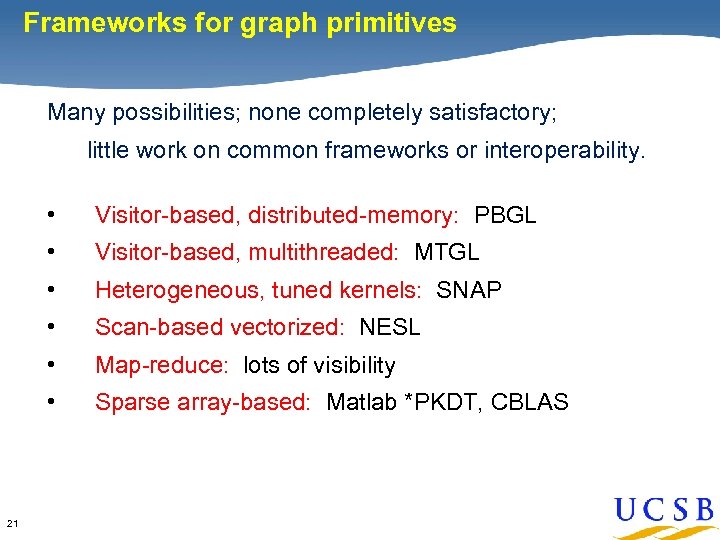Frameworks for graph primitives Many possibilities; none completely satisfactory; little work on common frameworks