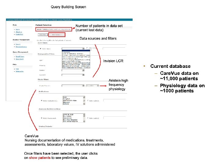  • Current database – Care. Vue data on ~11, 000 patients – Physiology