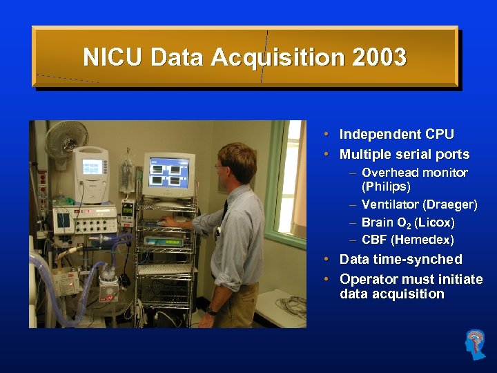 NICU Data Acquisition 2003 • Independent CPU • Multiple serial ports – Overhead monitor