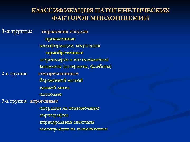 КЛАССИФИКАЦИЯ ПАТОГЕНЕТИЧЕСКИХ ФАКТОРОВ МИЕЛОИШЕМИИ 1 -я группа: поражения сосудов врожденные мальформации, коарктация приобретенные атеросклероз